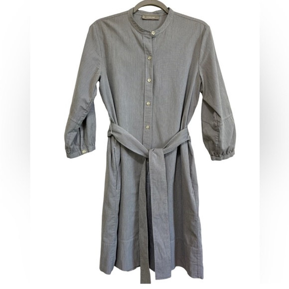 Everlane Cotton Weave Collarless Belted Shirtdress pinstripe Sz 6 pockets navy - Picture 3 of 16